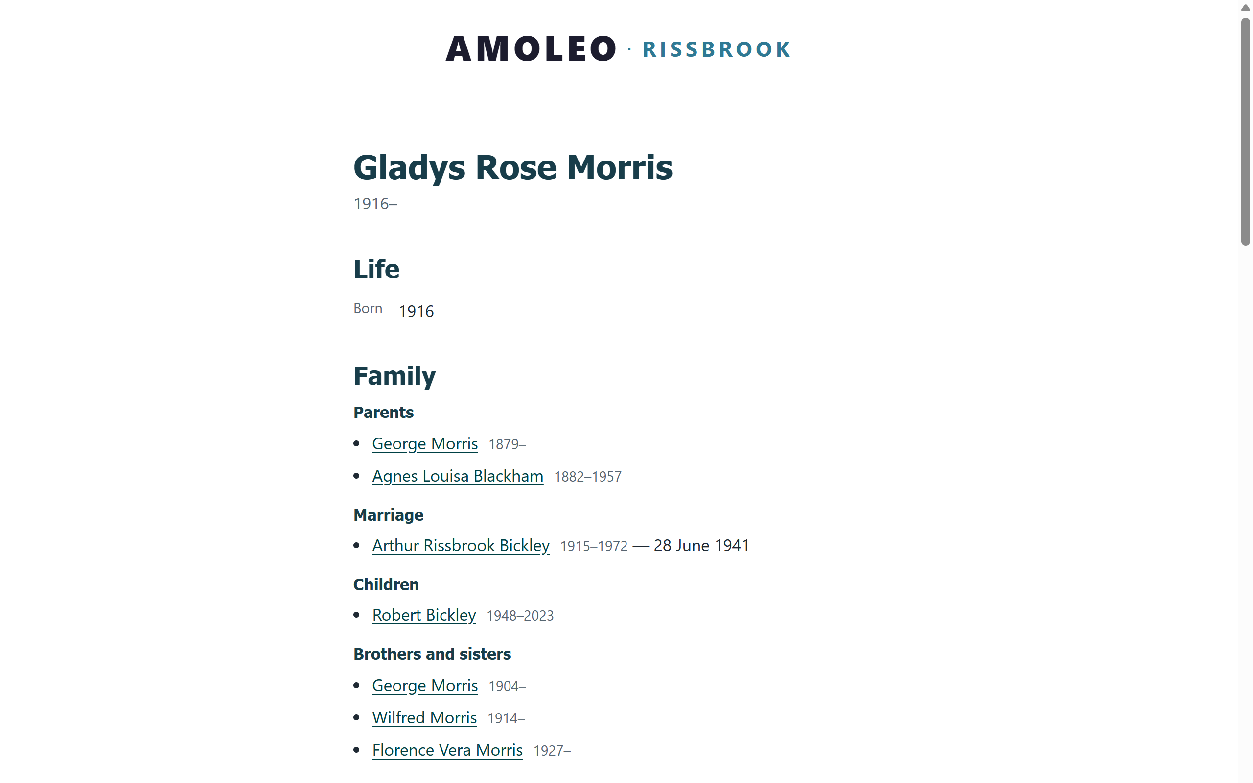 A person page on Amoleo Rissbrook: Gladys Rose Morris's dates, parents, marriage, children and siblings, each linked to their own page